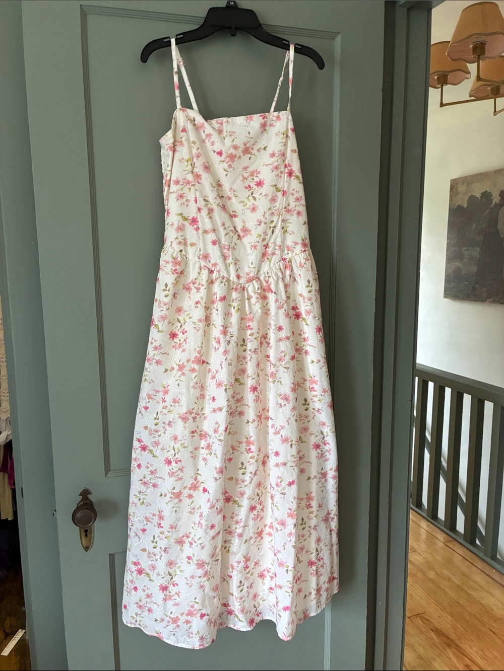Anthropologie White Midi Dress with Pink Floral Print